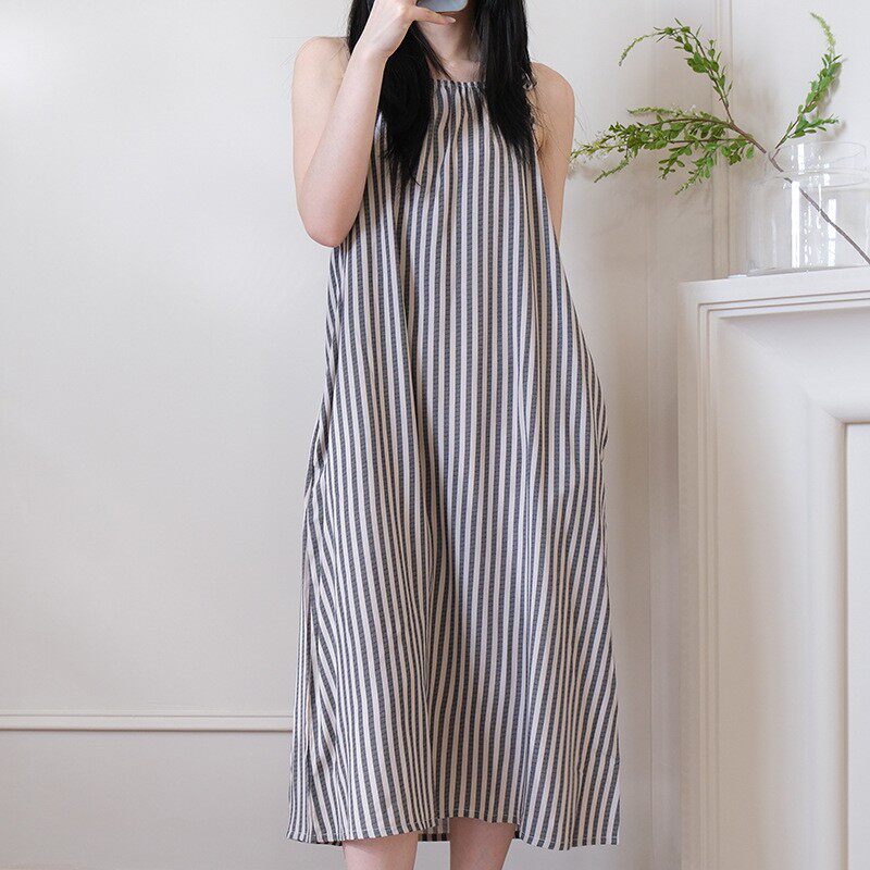 中长款条纹睡裙夏季无袖吊带睡衣裙子坎肩家居服背心连衣裙加大码