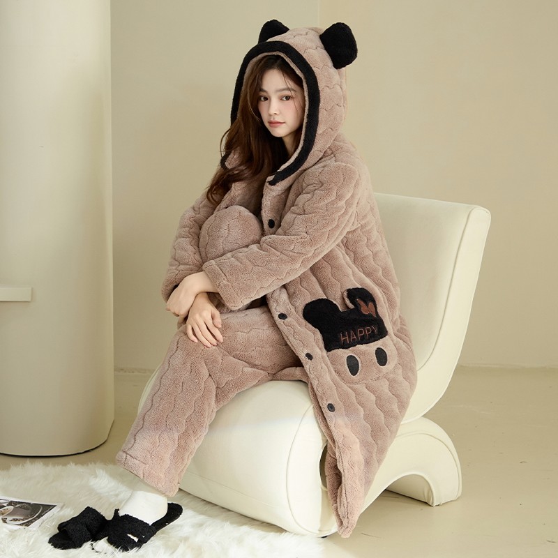 冬天三层加厚款珊瑚绒夹棉睡衣两件套装女士中长款棉服可外穿棉衣