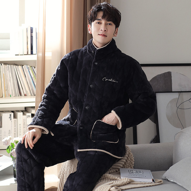 零下保暖加厚三层高领家居服冬季珊瑚绒夹棉睡衣棉服套装男款棉袄