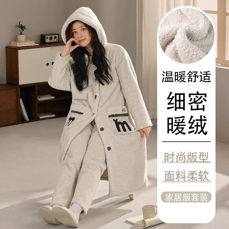 可外穿韩版休闲宽松中长款睡袍冬季加厚女款中长睡衣半边绒家居服