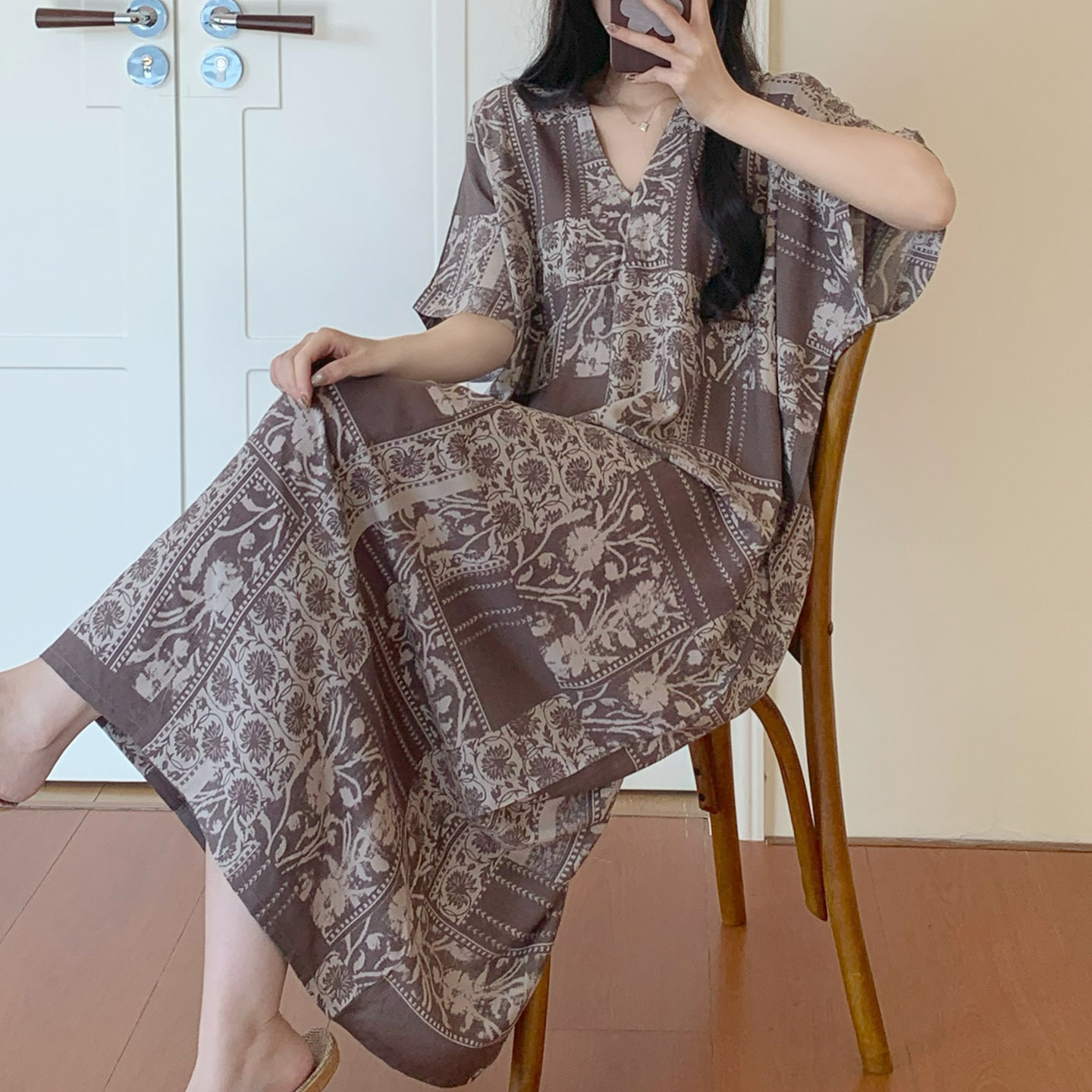 2026夏季睡裙薄款棉质V领套头长裙女款加肥大码睡衣裙子休闲宽松