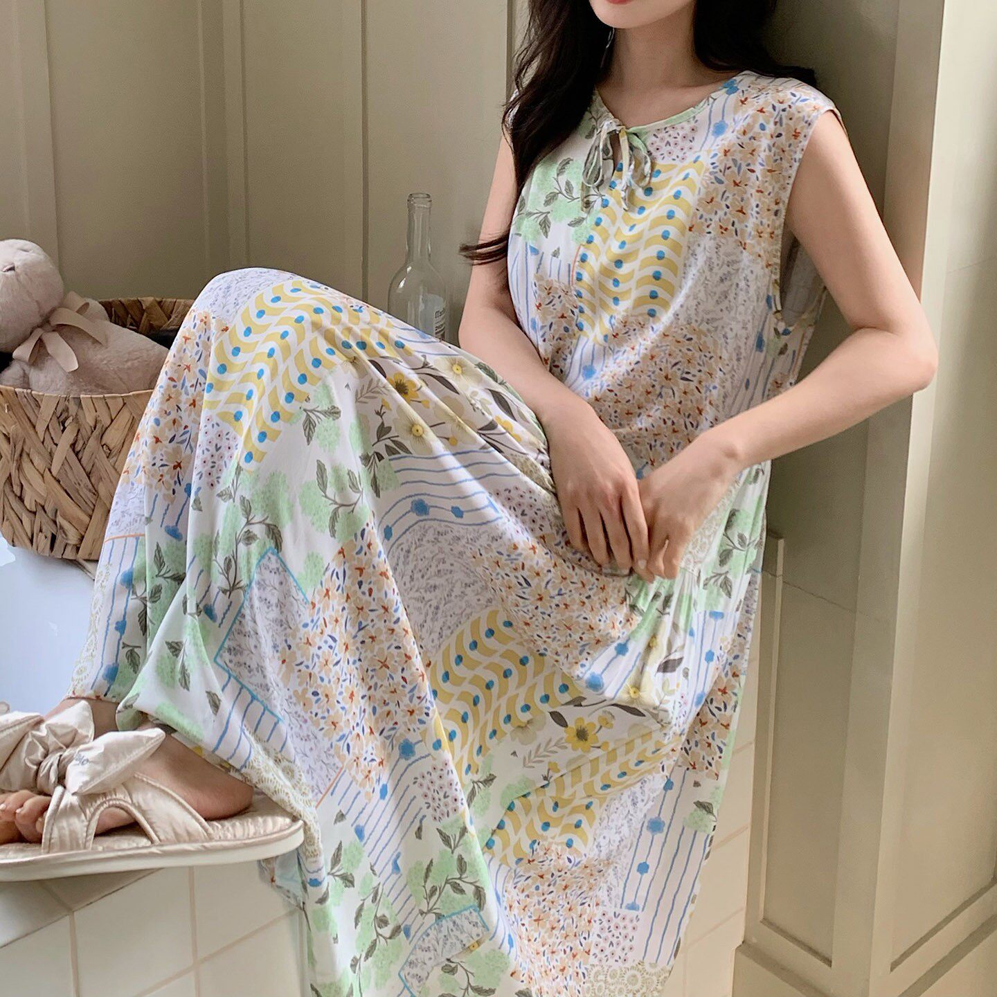 棉绸睡裙夏天无袖睡衣长裙人造棉家居服女款连衣裙宽松加大码裙子