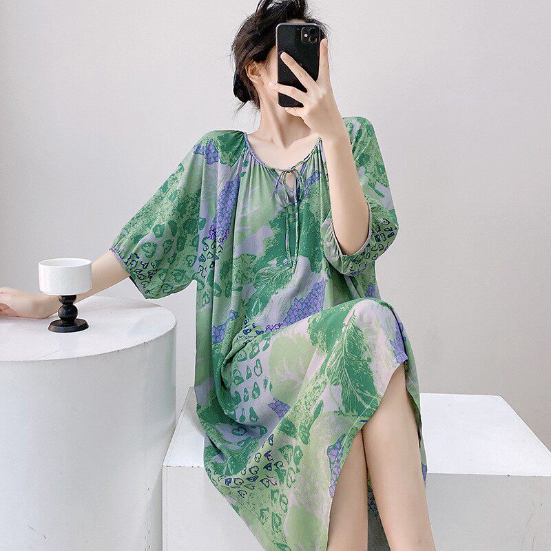 可外穿棉绸短袖睡裙加大码宽松睡衣长裙人造棉质家居服连衣裙女款