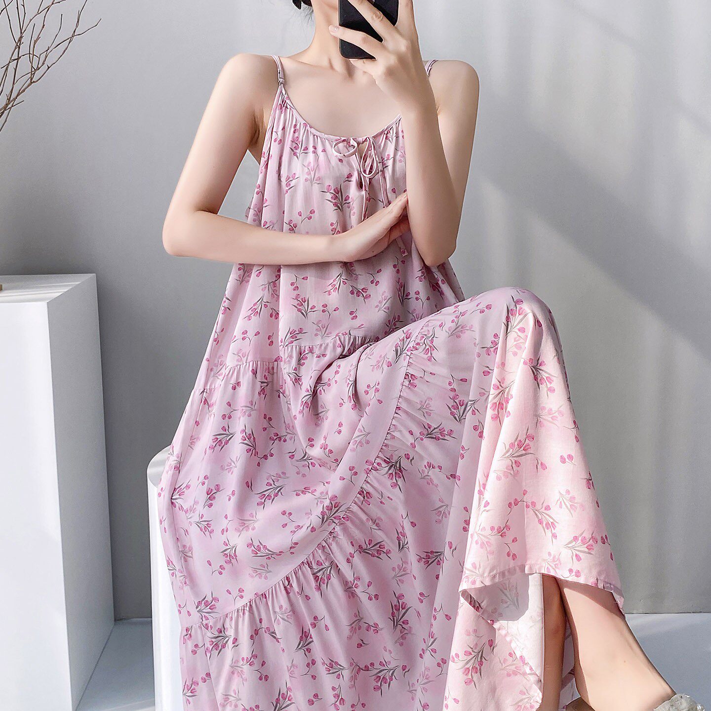 可外穿夏季无袖吊带睡裙女式休闲宽松背心睡衣长裙坎肩家居服棉绸