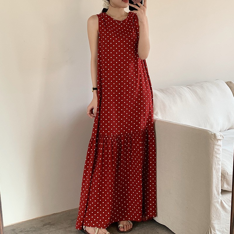 高个子加长款连衣裙夏天薄款棉绸无袖睡裙女式波点长裙家居服睡衣