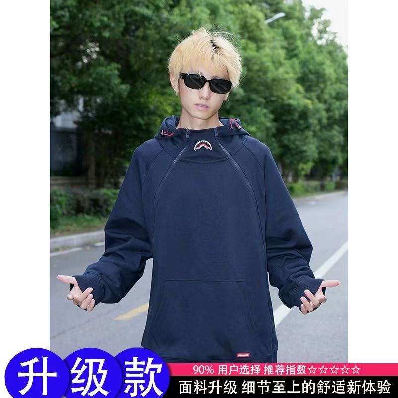 藏蓝色鲨鱼嘴刺绣卫衣男款秋季拉卫衣