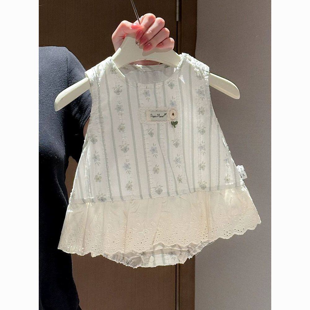 女童马甲套装夏季新款花边系带花连身衣/爬服/哈衣