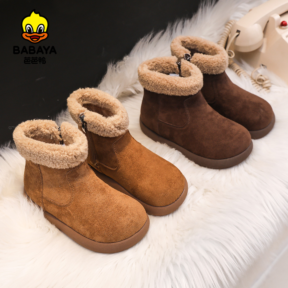 芭芭鸭女童鞋雪地靴加绒2025新款冬季靴子儿童短靴冬鞋加厚棉鞋子