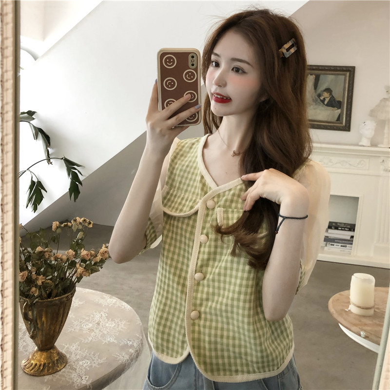 Real shot real price summer new Korean mesh splicing lattice small fragrance short sleeve shirt