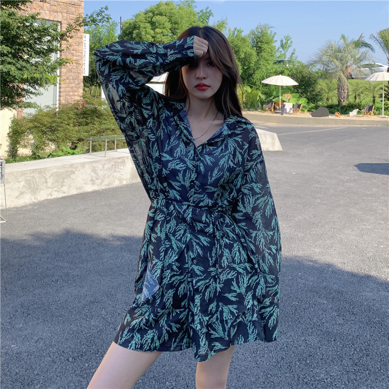 Real shot real price summer new Korean floral thin sunscreen shirt + Elastic Waist Wide Leg Pants Set