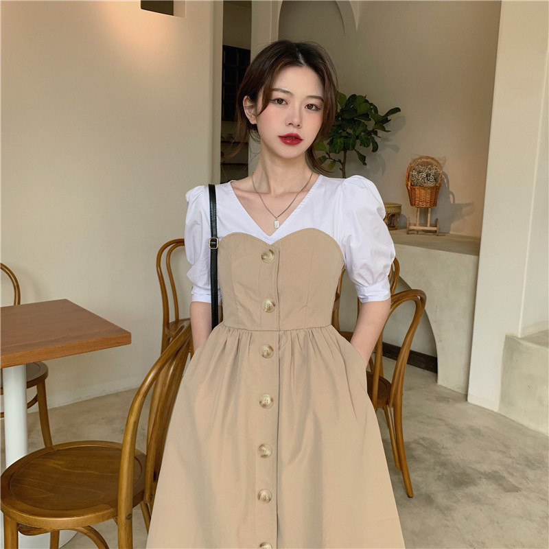 Summer new Korean French splicing V-neck mid length high waist dress