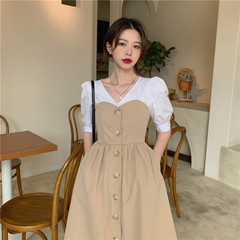 Summer new Korean French splicing V-neck mid length high waist dress