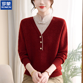 国风打底衫 罗蒙妈妈春装 中老年女装 毛衣针织衫 红色喜庆本命年中式