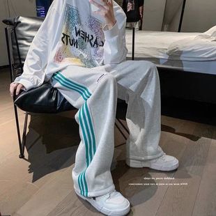 美式vibe裤子高街ins潮男三道杠垂感拖地裤oversize直筒卫裤春秋