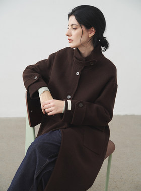 PIERZ/25秋新 毛呢羊毛大衣女秋冬高级感长款立领深咖色毛呢外套