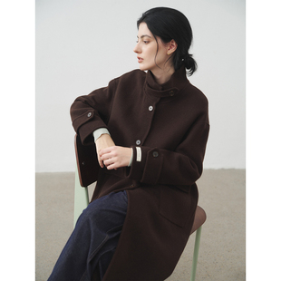 PIERZ/25秋新 毛呢羊毛大衣女秋冬高级感长款立领深咖色毛呢外套