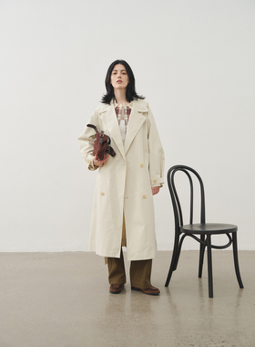 PIERZ/25秋新 微皱肌理棉大翻领茧型高级系带长款风衣外套女
