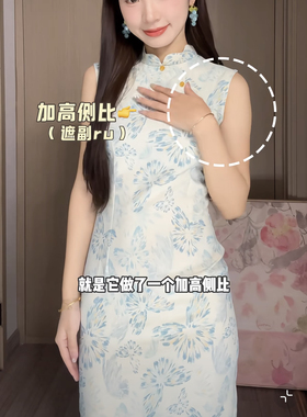 PIERZ 设计感青花瓷复古无袖新中式蓝色蝴蝶印花显瘦旗袍