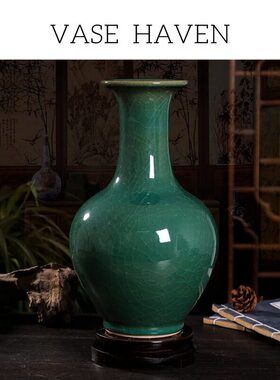 宋代宋式美学特别好看的玉冰片墨绿花瓶电视柜家居办公氛围感摆件