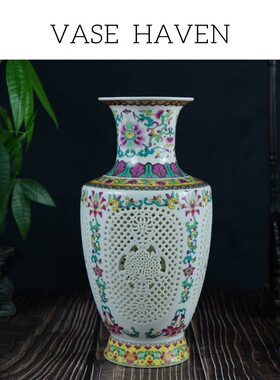 宋代美学超好看青花粉彩镂空花瓶2026热卖中式氛围感客厅玄关摆件