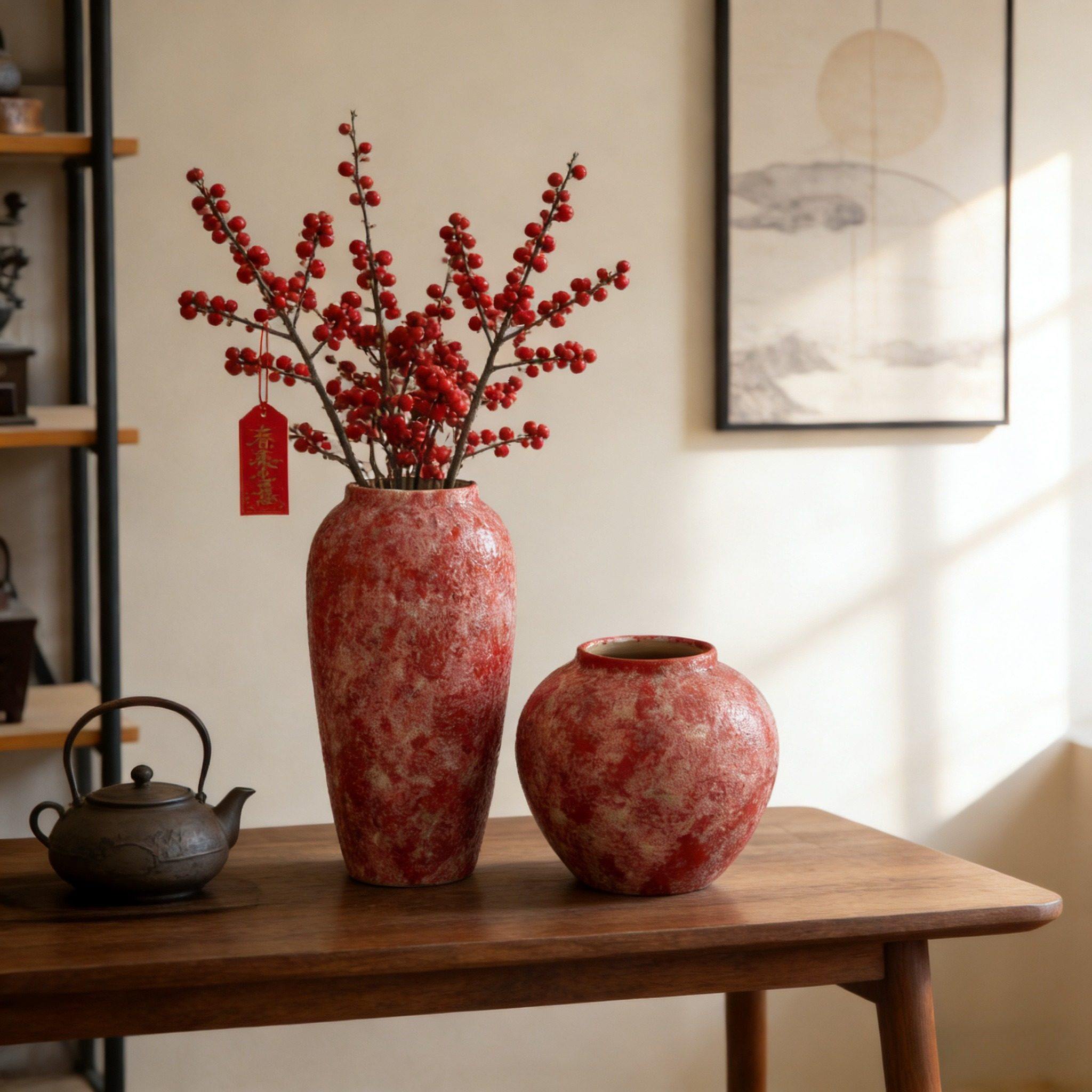 宋代宋式美学超好看手工红色喜庆春节冬青腊梅专用花瓶氛围感花盆,家居饰品,花瓶,淘宝优惠券,粉丝福利购,淘宝优惠卷