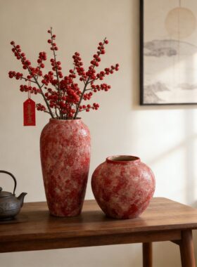 宋代宋式美学超好看手工红色喜庆春节冬青腊梅专用花瓶氛围感花盆