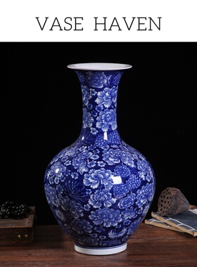 宋代宋式美学特别好看的手绘混水蓝底牡丹赏瓶家居玄关绝美插花瓶