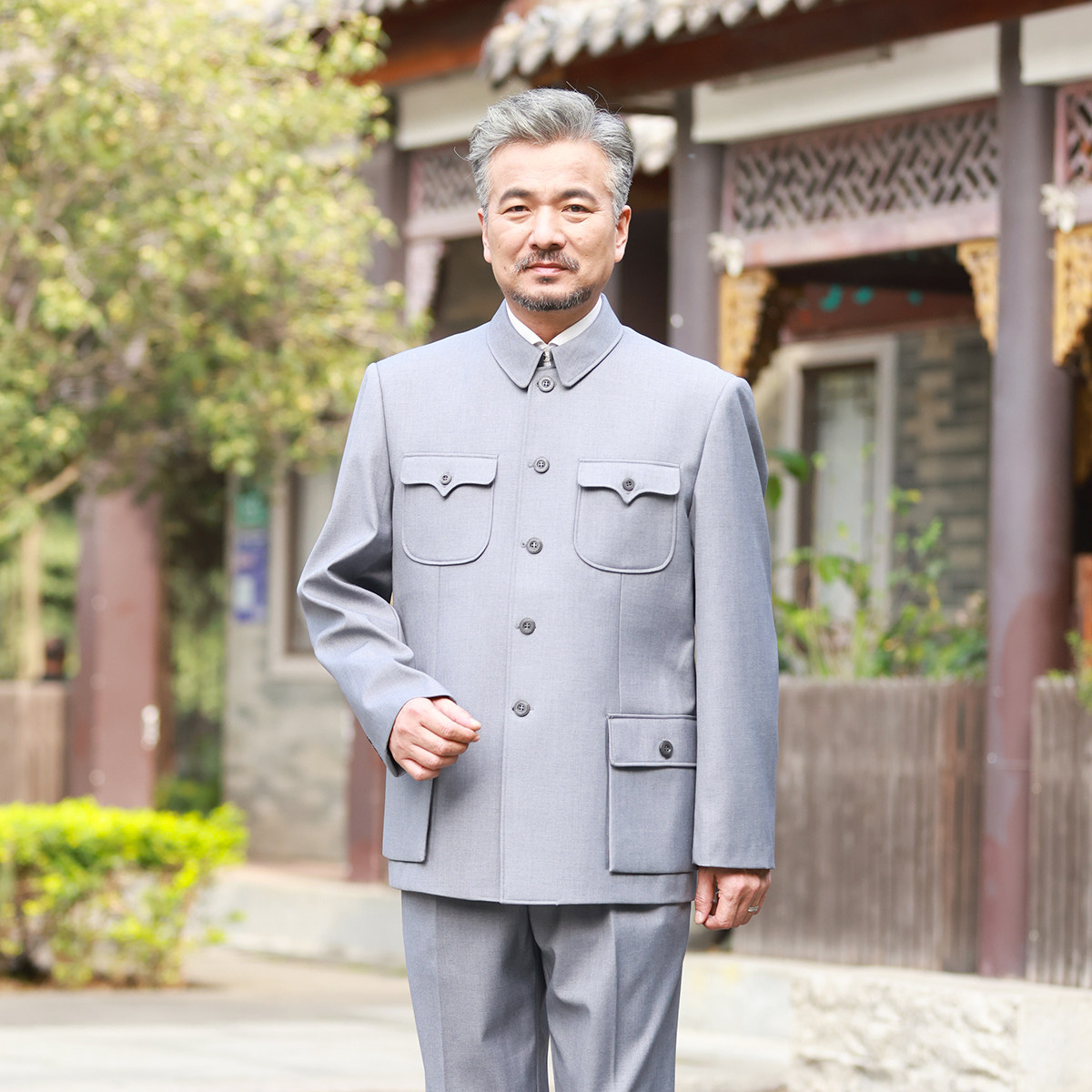 中老年高端中山装男士老式爸爸装春秋季中山服浅灰色国风爷爷套装,男装,中山装,淘宝优惠券,粉丝福利购,淘宝优惠卷