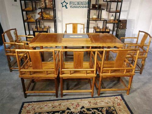 高端金丝楠小叶虎皮纹8件套188茶桌实木家具榫卯结构泡茶桌茶几茶