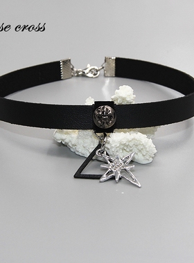 RC新版 独家暗黑系浮雕铆钉十字星颈带 哥特朋克皮质新颈链短项圈