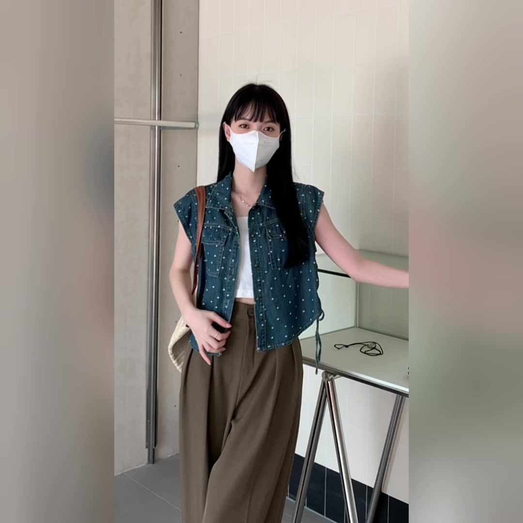 复古抽绳坎肩无袖牛仔衬衫女夏