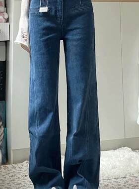 刘亦菲同款蝴蝶结蓝色直筒牛仔裤女2025春秋新款高腰宽松阔腿裤子