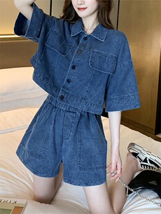 减龄气质短袖衬衫牛仔套装女2026年夏季新款大码短裤子外套两件套