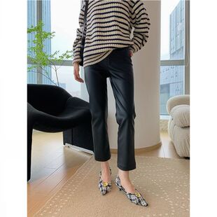 女宽松拼接松紧腰通勤百搭九分裤 真皮皮裤 绵羊皮皮裤 2025秋冬新款