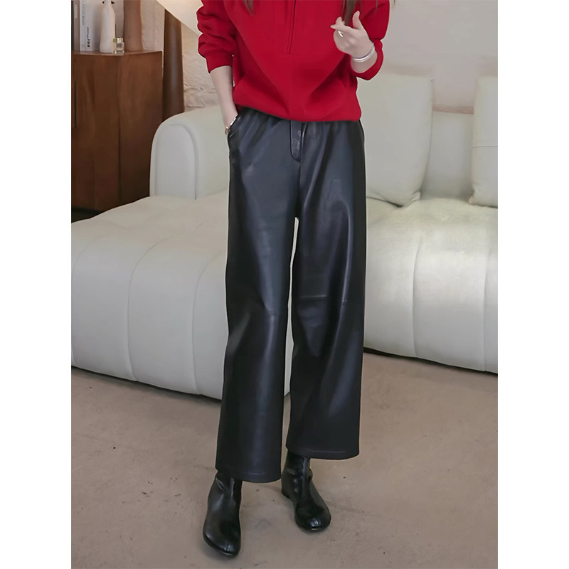 极简风黑色真皮阔腿裤女2025冬季新款复古高腰显瘦百搭遮胯九分裤
