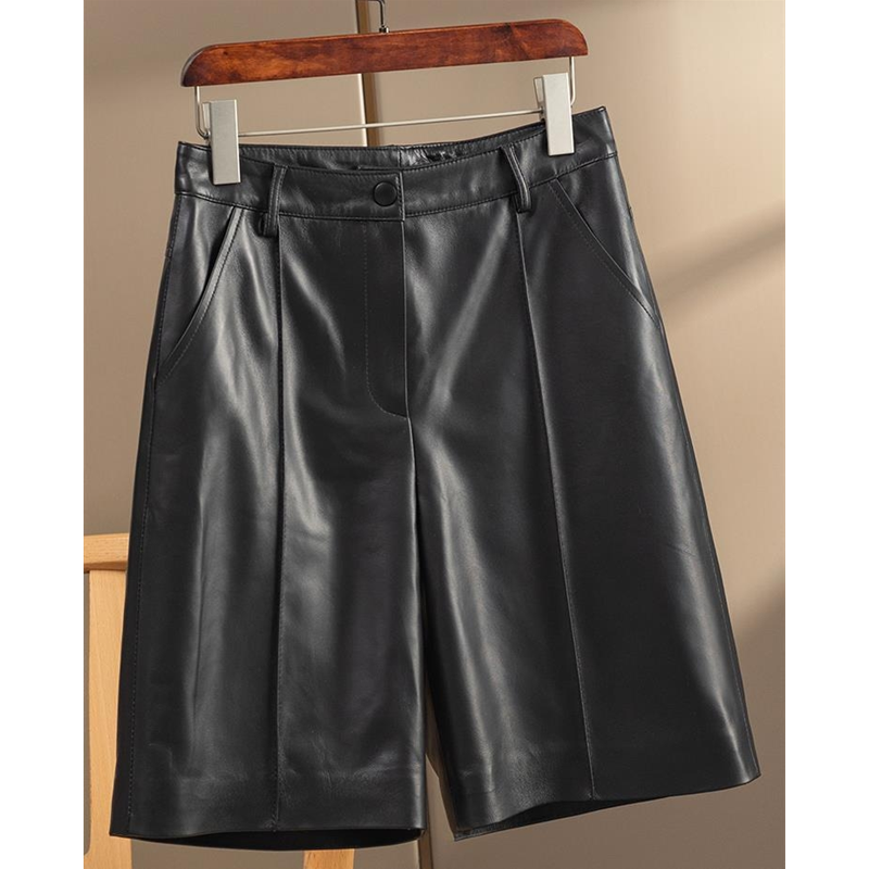 秋冬款新款阔腿绵羊皮真皮皮裤女中高腰直筒显瘦皮裤休闲五分裤潮