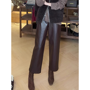 皮裤 气质休闲遮肉九分裤 女2026冬季 时髦韩版 新款 慵懒感咖色窄版