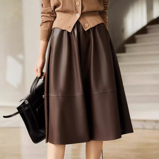 欧洲站春秋新款 伞裙 高腰绵羊皮皮裙真皮皮裙气质荷包半裙中长款