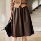 欧洲站春秋新款 伞裙 高腰绵羊皮皮裙真皮皮裙气质荷包半裙中长款