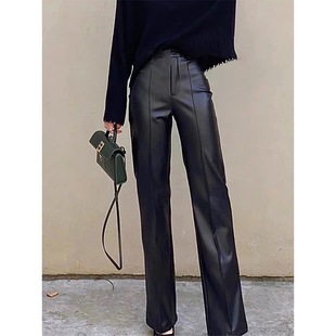 2025秋季高腰显瘦黑色皮裤女高级感垂坠拖地裤子休闲直筒阔腿长裤