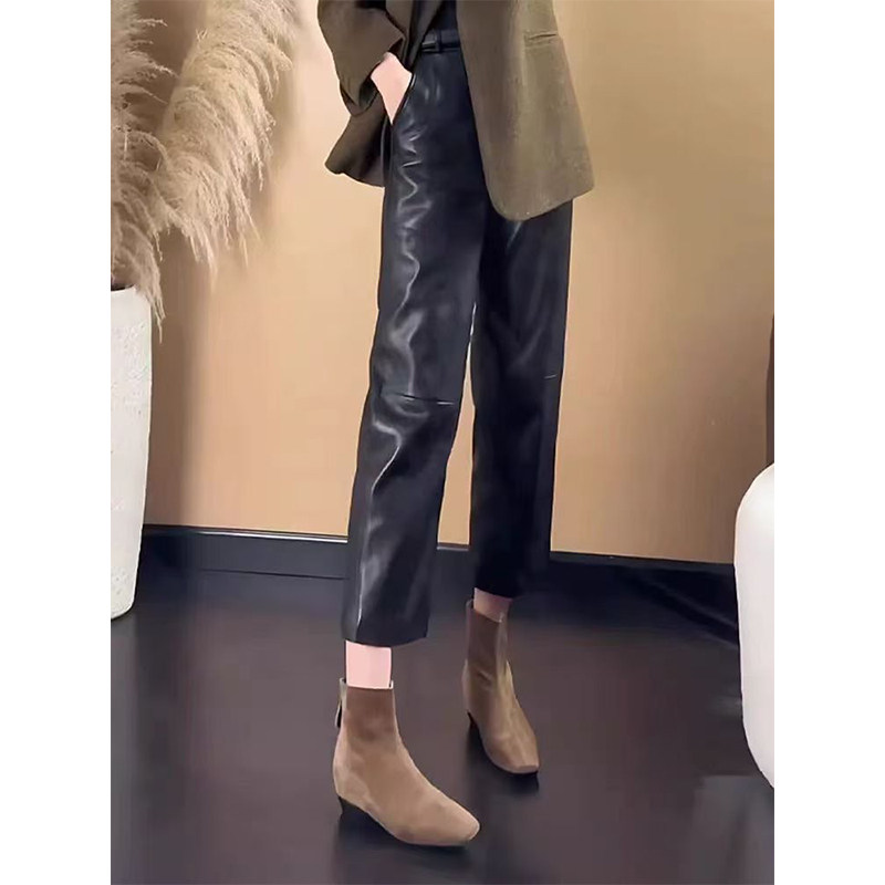 哑光黑色皮裤女冬季2025新款高腰垂感九分裤休闲小个子烟管直筒裤