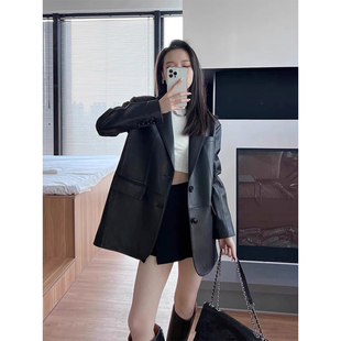 高级感黑色西装皮衣外套女2025秋冬新款港风复古宽松真皮夹克外套