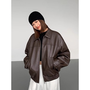 日系黑色宽松皮衣外套女秋冬新款加棉厚短款咖啡拉链设计感夹克潮