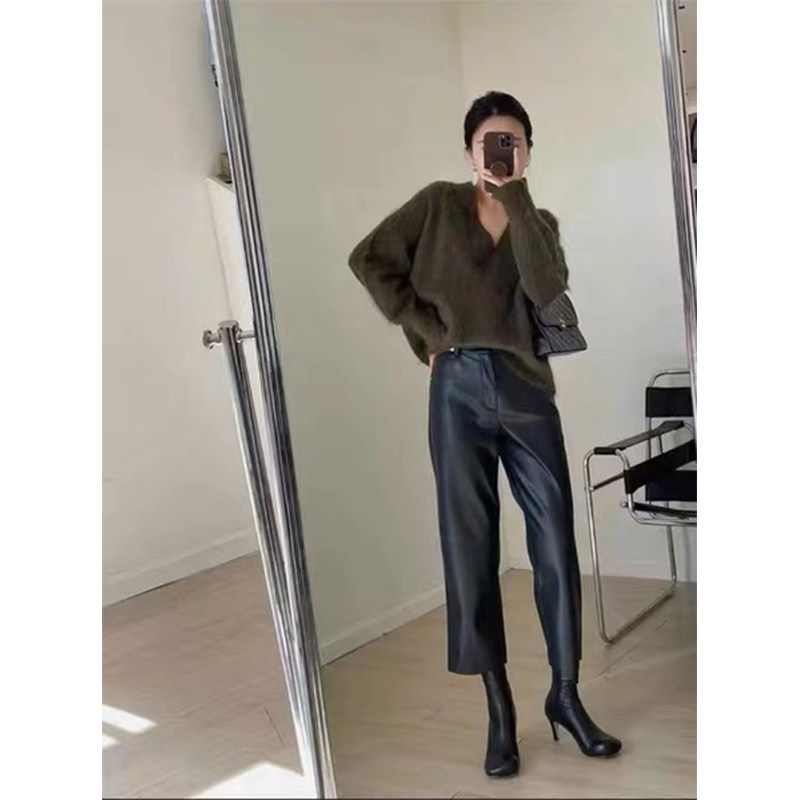通勤百搭高腰真皮九分裤