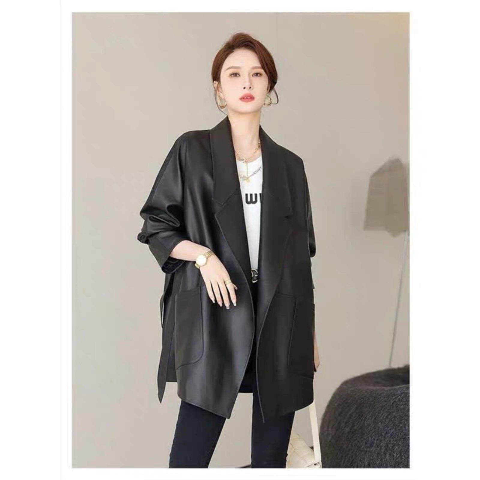 2025新款高级皮衣外套女春秋季大码绵羊皮西装中长款宽松廓形风衣