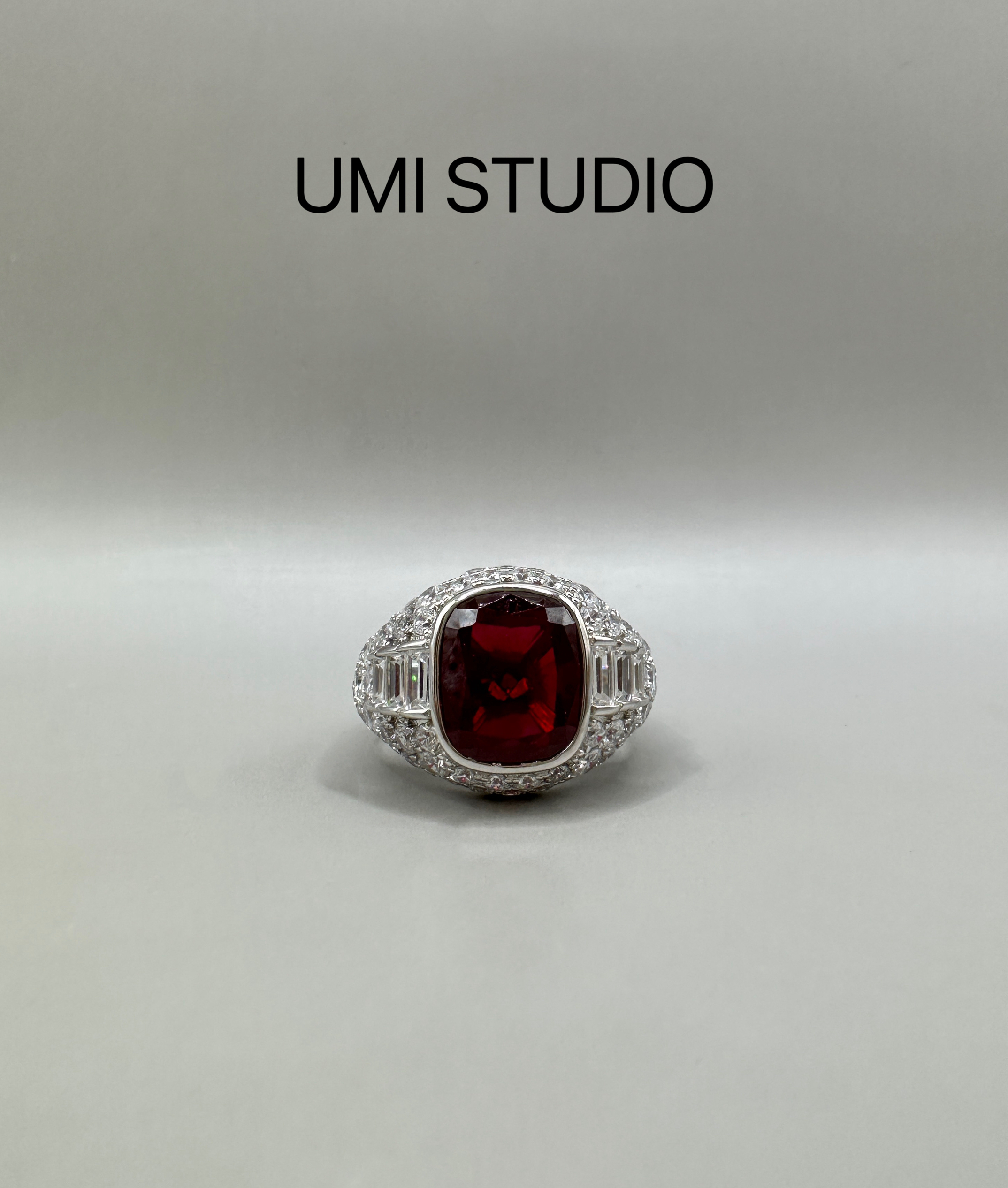 UMI家·轻珠宝/S925银镀真金·红宝石重工满钻宽版女戒指vintage