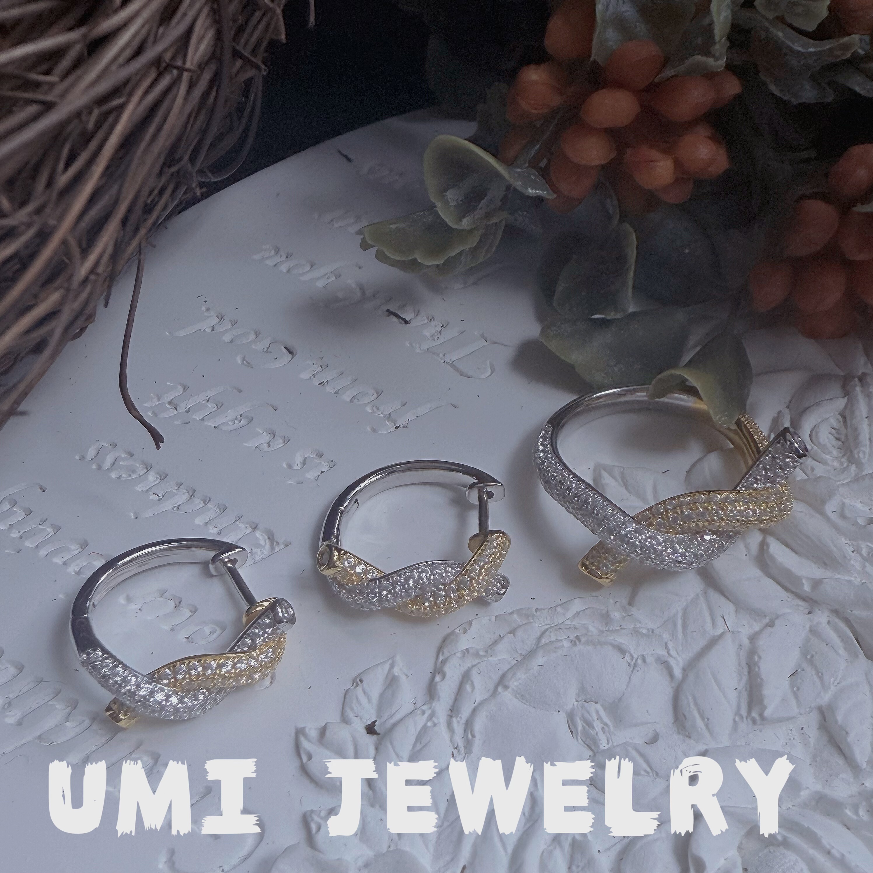 UMI轻珠宝/S925银镀k金·分色镶钻纽结璀璨轻奢戒指耳钉小众设计