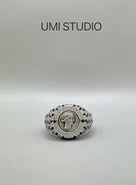 UMI家·轻珠宝/S925银镀金·哑银好运女神古币戒指黑尖晶小众高级