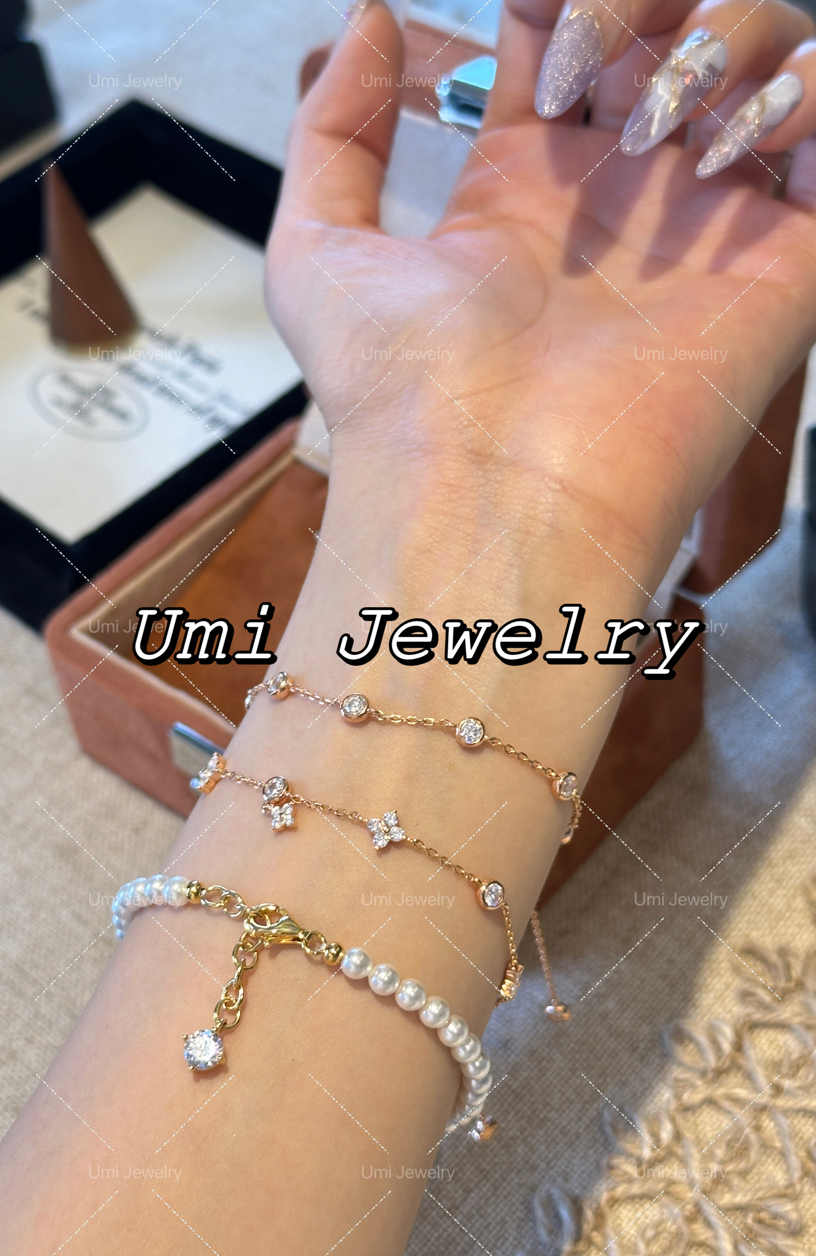 UMI家·轻珠宝/S925银镀金·百搭钻石气泡珠四叶花手链叠戴高级感