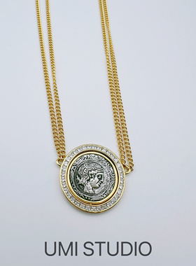 UMI家·轻珠宝/S925银镀k金·月亮女神复刻币双链条吊坠项链高级